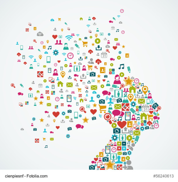 Female human head shape with social media icons design